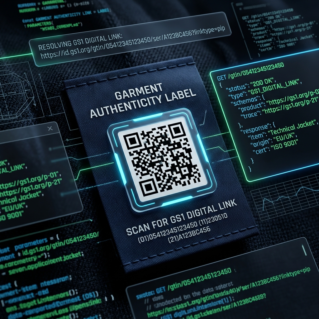 Apparel hanging labels with scannable QR codes utilizing GS1 Digital Link standards resolving to digital product passports