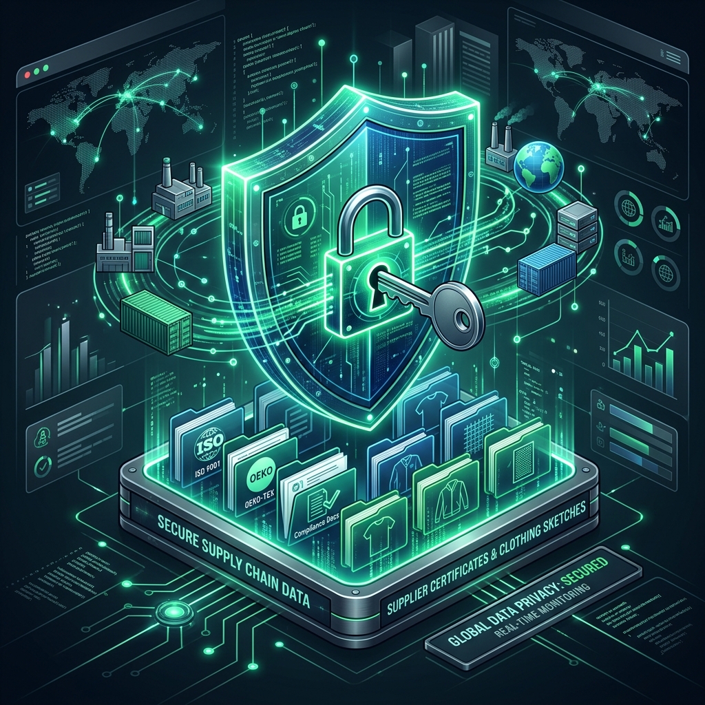 Sleek security dashboard representing protected supplier audit data and encrypted certificates for EU digital product passports